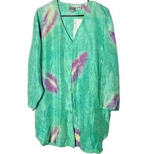 NOS Silk Collection Green Purple Tie Dye Sandwashed 100% Silk Shirt Dress Medium